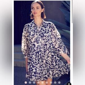 misa los angeles mita black white abstract print chiffon mini shirt dress small
